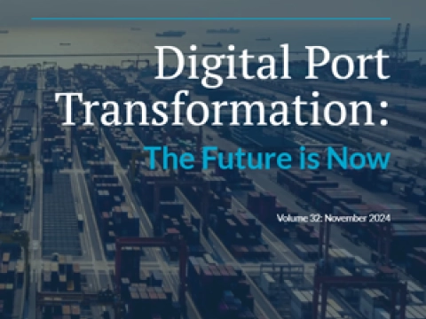Front cover of CIP Magazine, November 2024 issue, titled 'Digital Port Transformation: The Future is Now,' featuring an aerial view of a busy container port at sunset.